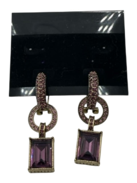 Heidi Daus Gold Tone & Purple Metal Rhinestone Faceted Dangle Post Back Earrings Gold Tone & Purple