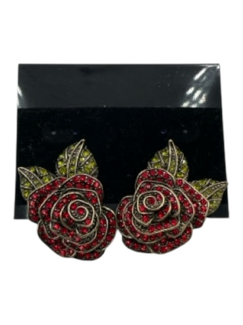 Heidi Daus Gold Tone, Red & Green Metal Rhinestone Rose Flower Earrings Gold Tone, Red & Green