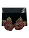 Heidi Daus Gold Tone, Red & Green Metal Rhinestone Rose Flower Earrings Gold Tone, Red & Green