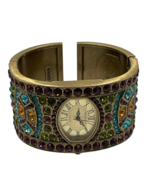Heidi Daus Gold Tone & Multi Stainless Steel Case Rhinestone Cuff Hinge Watches Gold Tone & Multi