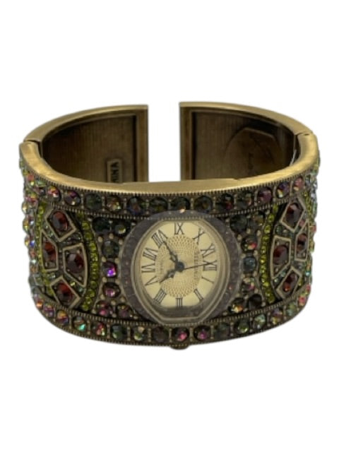 Heidi Daus Gold Tone & Multi Stainless Steel Case Rhinestone Cuff Hinge Watches Gold Tone & Multi