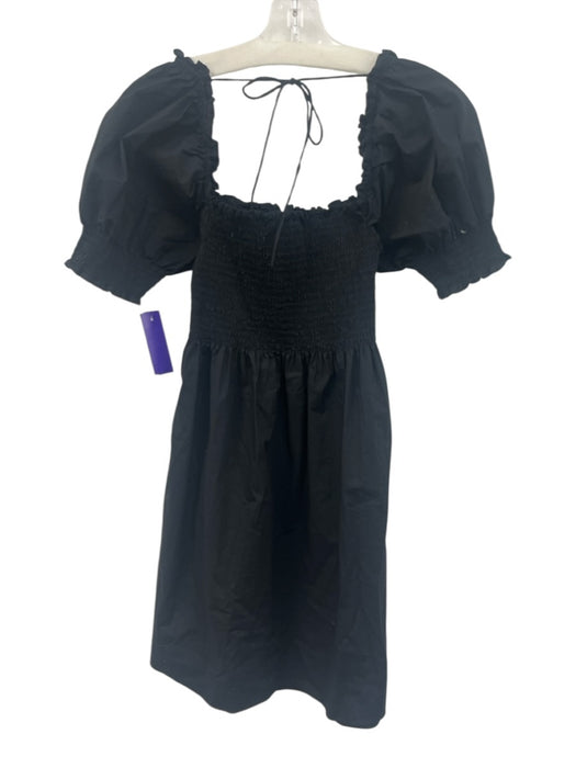 Hill House Size XS Black Cotton Blend Shirred Tie Back Puff Sleeve Mini Dress Black / XS