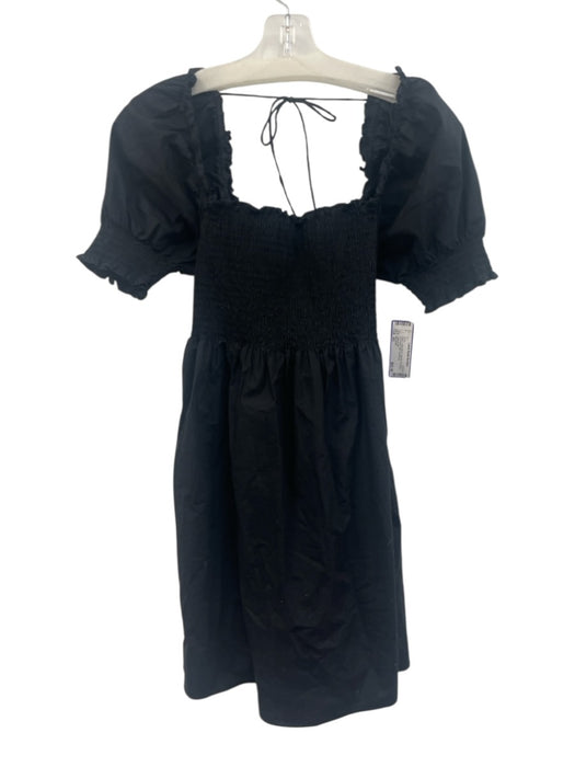Hill House Size XS Black Cotton Blend Shirred Tie Back Puff Sleeve Mini Dress Black / XS