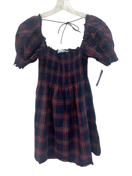 Hill House Size XS Navy Blue, Red, Green Cotton Blend Shirred Plaid Mini Dress Navy Blue, Red, Green / XS