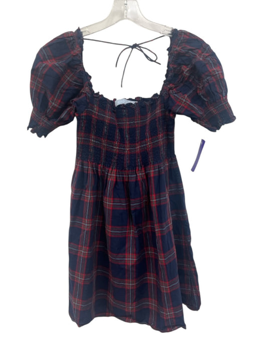 Hill House Size XS Navy Blue, Red, Green Cotton Blend Shirred Plaid Mini Dress Navy Blue, Red, Green / XS
