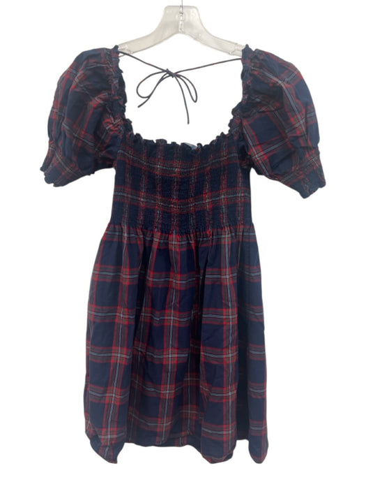 Hill House Size XS Navy Blue, Red, Green Cotton Blend Shirred Plaid Mini Dress Navy Blue, Red, Green / XS