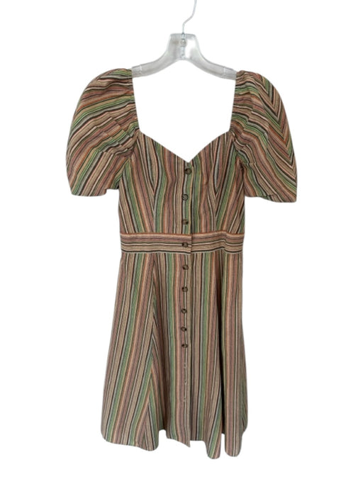 Sugar + Lips Size S Orange & Green Cotton Short Balloon Sleeve Lines Midi Dress Orange & Green / S