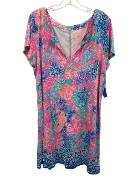 Lilly Pulitzer Size XXL Pink, Blue, Green Rayon Blend Short Sleeve V Neck Dress Pink, Blue, Green / XXL