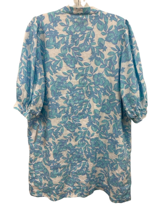 Lilly Pulitzer Size 12 Aqua, Blue, White Linen Half Sleeve Floral Dress Aqua, Blue, White / 12