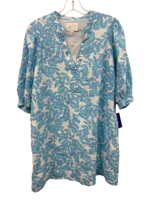 Lilly Pulitzer Size 12 Aqua, Blue, White Linen Half Sleeve Floral Dress Aqua, Blue, White / 12