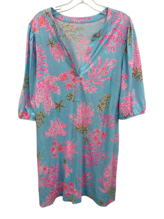 Lilly Pulitzer Size Large Blue, Pink, Brown Cotton Long Sleeve Coral Dress Blue, Pink, Brown / Large