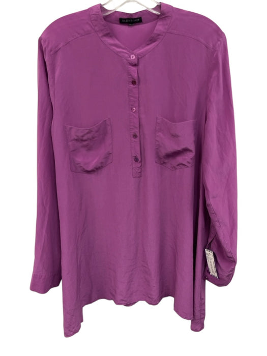 Eileen Fisher Size Est L Purple Silk Long Sleeve Quarter Button Patch Pocket Top Purple / Est L