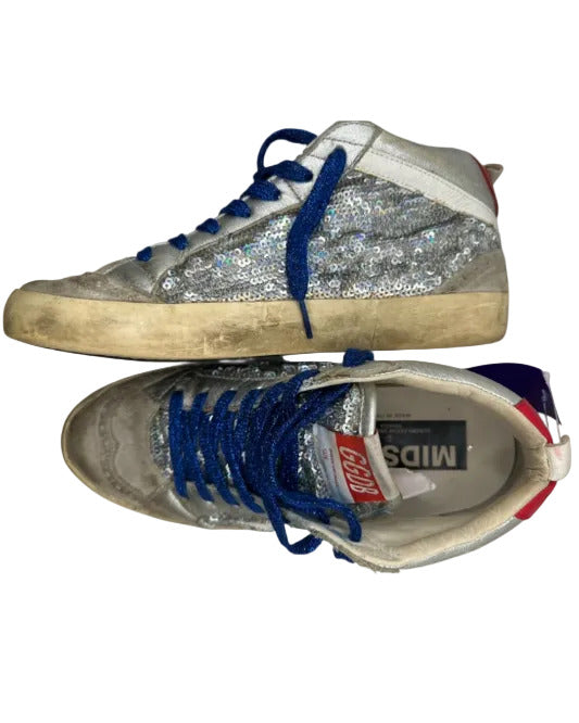 Golden Goose Shoe Size 37 Silver & Blue Leather Sequins Mid Rise Sneakers Silver & Blue / 37
