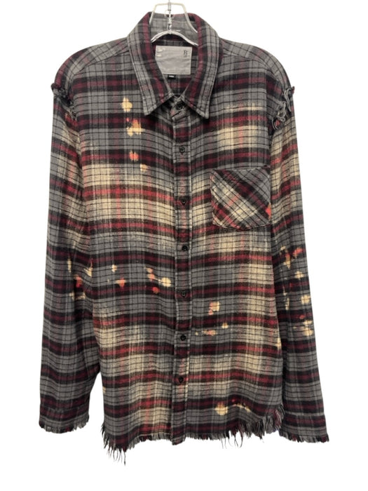R13 Size L Gray & Red Cotton Plaid Flannel Bleach Splatter Long Sleeve Shirt Gray & Red / L