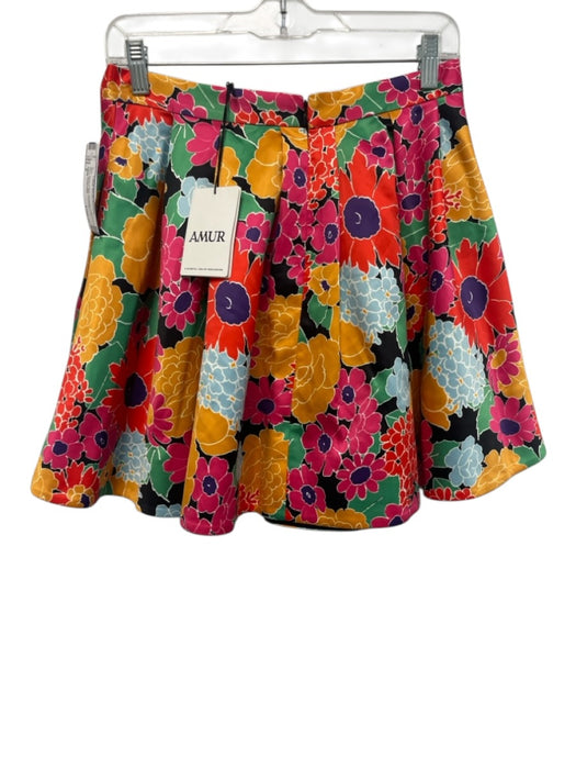 AMUR Size 8 Black & Multi Polyester Satin Floral Pleated Mini Skirt Black & Multi / 8