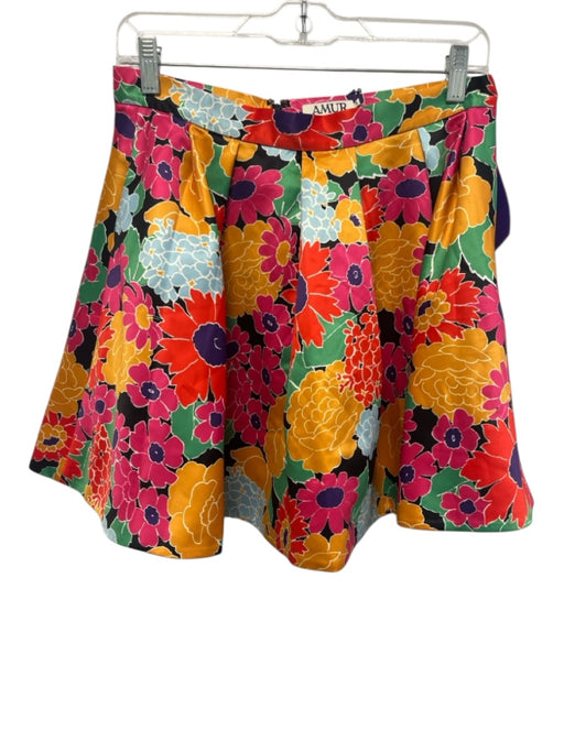 AMUR Size 8 Black & Multi Polyester Satin Floral Pleated Mini Skirt Black & Multi / 8