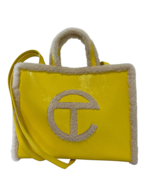 Ugg Yellow & White Leather Sheepskin Logo Snap Closure Tote Bag Yellow & White / M