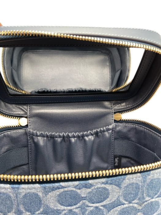 Coach Blue & Gold Leather & Denim Monogram Zip Top Cosmetic Pouch Bag Blue & Gold / XS