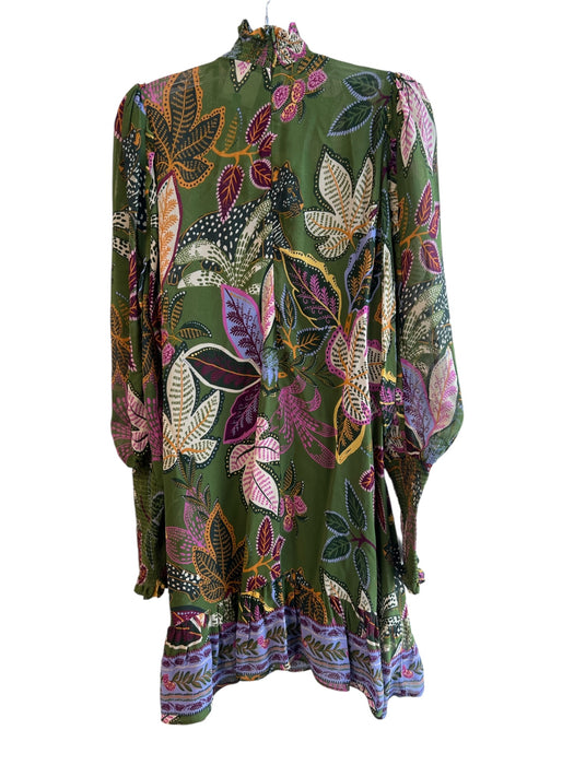 Farm Rio Size XS Green & Multi Viscose Long Sleeve Floral Print Pleated Dress Green & Multi / XS
