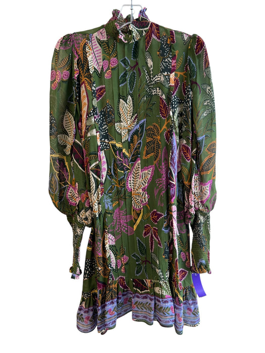 Farm Rio Size XS Green & Multi Viscose Long Sleeve Floral Print Pleated Dress Green & Multi / XS