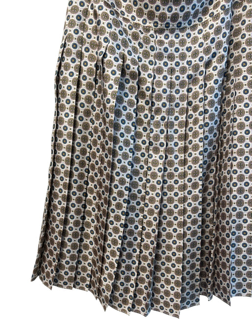 Tory Burch Size 8 Beige, Brown & Teal Silk All Over Print Side Zip Pleated Skirt Beige, Brown & Teal / 8