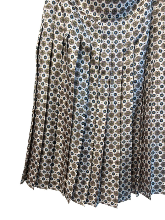 Tory Burch Size 8 Beige, Brown & Teal Silk All Over Print Side Zip Pleated Skirt Beige, Brown & Teal / 8