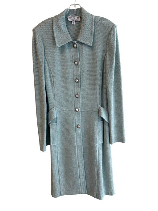 St John Size 12 Aqua No Fabric Tag Collared Button Up Long Sleeve Knit Dress Aqua / 12