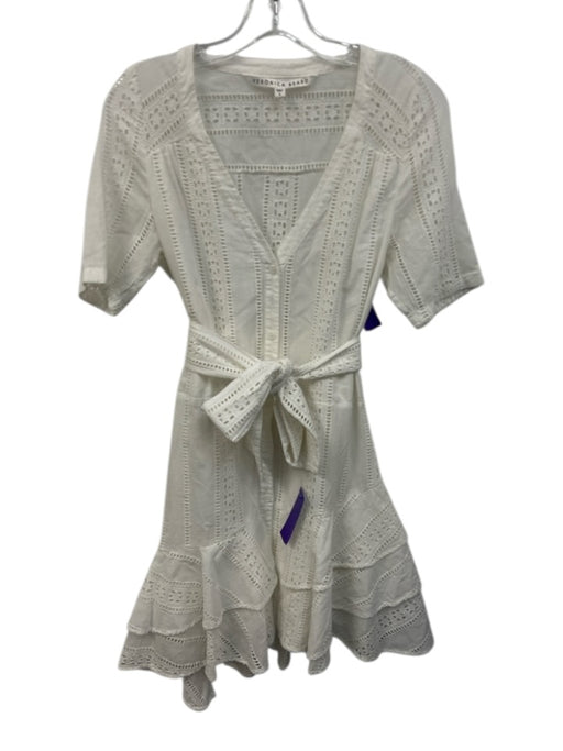 Veronica Beard Size 8 White Cotton Short Sleeve Crochet Lace Button Front Dress White / 8