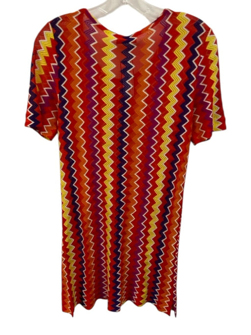 Missoni Size 44 Red, Yellow, Purple Rayon Short Sleeve Zig Zag Sheer Dress Red, Yellow, Purple / 44