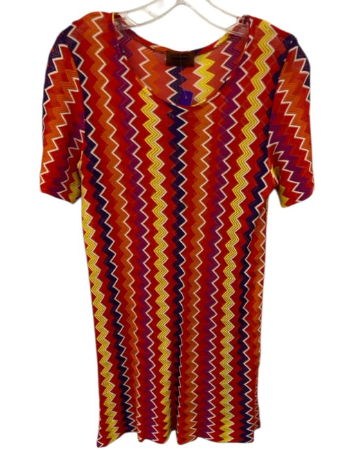 Missoni Size 44 Red, Yellow, Purple Rayon Short Sleeve Zig Zag Sheer Dress Red, Yellow, Purple / 44