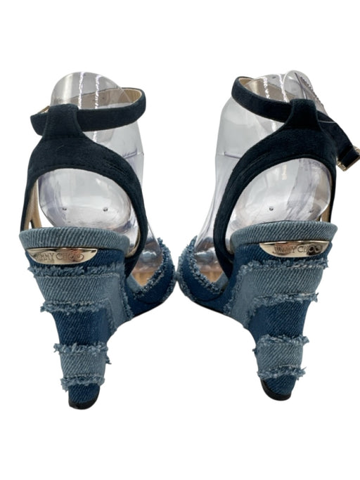 Jimmy Choo Shoe Size 38 Medium Wash Leather & Cotton Ankle Strap Fringe Wedges Medium Wash / 38