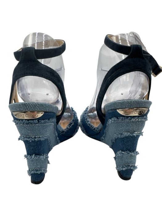Jimmy Choo Shoe Size 38 Medium Wash Leather & Cotton Ankle Strap Fringe Wedges Medium Wash / 38