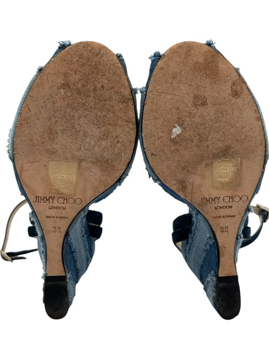 Jimmy Choo Shoe Size 38 Medium Wash Leather & Cotton Ankle Strap Fringe Wedges Medium Wash / 38