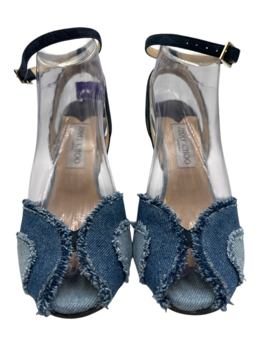 Jimmy Choo Shoe Size 38 Medium Wash Leather & Cotton Ankle Strap Fringe Wedges Medium Wash / 38