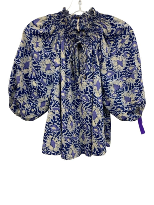 Free People Size Small Purple, Blue, White Cotton Blend Half Puff Sleeve Top Purple, Blue, White / Small