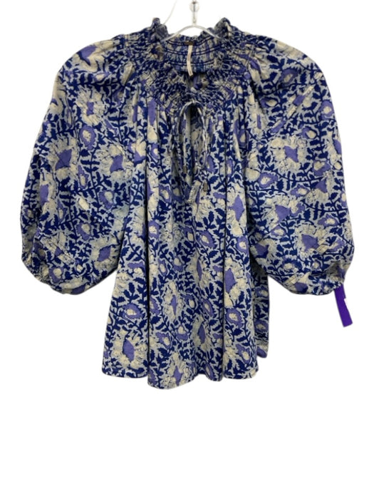 Free People Size Small Purple, Blue, White Cotton Blend Half Puff Sleeve Top Purple, Blue, White / Small