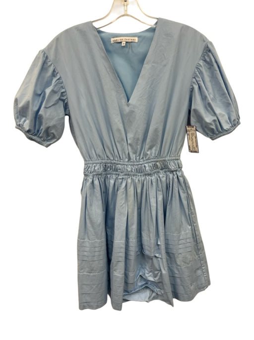 English Factory Size XS Light Blue Cotton V Neck Short Puff Sleeve Tiered Dress Light Blue / XS