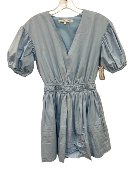 English Factory Size XS Light Blue Cotton V Neck Short Puff Sleeve Tiered Dress Light Blue / XS