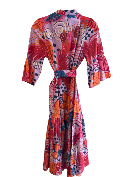 Farm Rio Size S Multi Cotton Tropical Round Neck Button Down 3/4 Sleeve Dress Multi / S