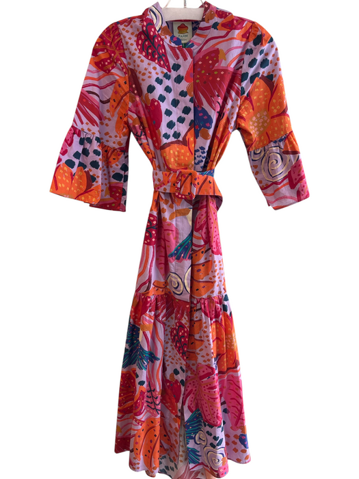 Farm Rio Size S Multi Cotton Tropical Round Neck Button Down 3/4 Sleeve Dress Multi / S