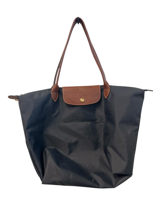 Longchamp Gray & Brown Nylon & Leather 2 Handles Zipper Gold Hardware Bag Gray & Brown / L