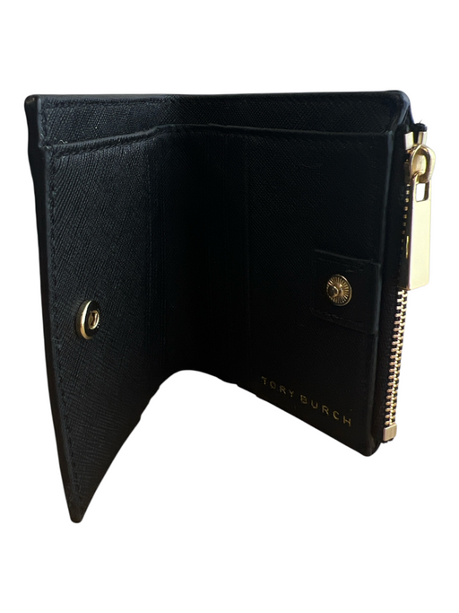 Tory Burch Black Leather Snap Closure Zipper Gold Hardware Logo Wallets Black