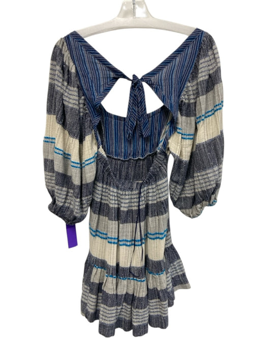 Free People Size S Blue & Multi Cotton Blend Balloon Sleeve Mini Tie Back Dress Blue & Multi / S