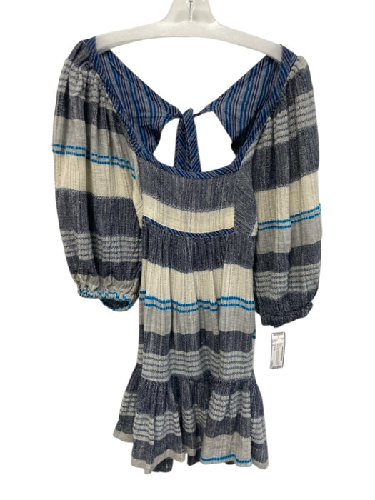 Free People Size S Blue & Multi Cotton Blend Balloon Sleeve Mini Tie Back Dress Blue & Multi / S