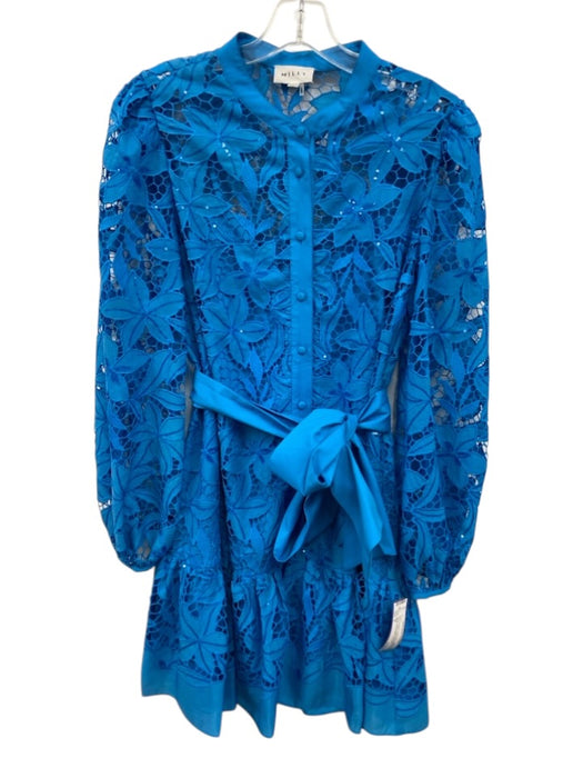 Milly Size 6 Blue Polyester Floral Lace Sequin Long Balloon Sleeve Dress Blue / 6