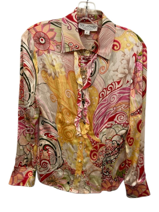 St. John Collection Size 2 Cream, Red & Multi Silk Blend Long Sleeve Top Cream, Red & Multi / 2
