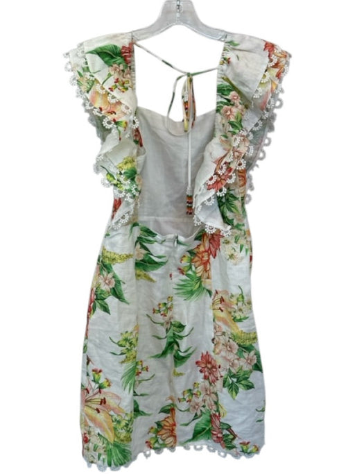 Farm Rio Size S White & Green Linen Flutter Sleeves Botanical Lace Trim Dress White & Green / S