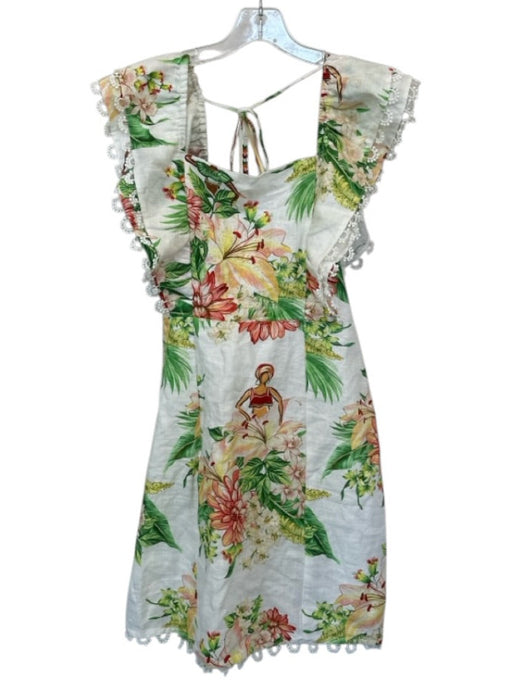 Farm Rio Size S White & Green Linen Flutter Sleeves Botanical Lace Trim Dress White & Green / S