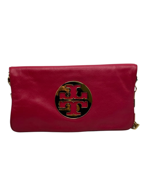 Tory Burch Hot Pink & Gold Pebble Leather Magnetic  Flap Logo Shoulder Bag Hot Pink & Gold / S