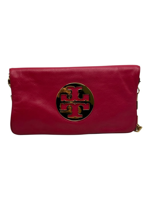 Tory Burch Hot Pink & Gold Pebble Leather Magnetic  Flap Logo Shoulder Bag Hot Pink & Gold / S